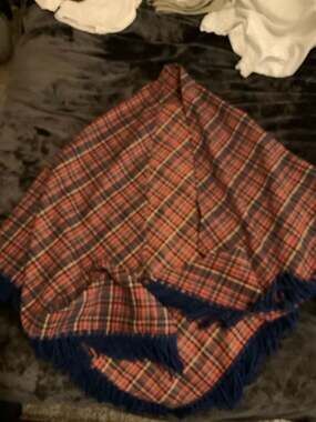 Vintage  70s Plaid Fringe Cape Poncho Tartan Sweater OS Navy Red